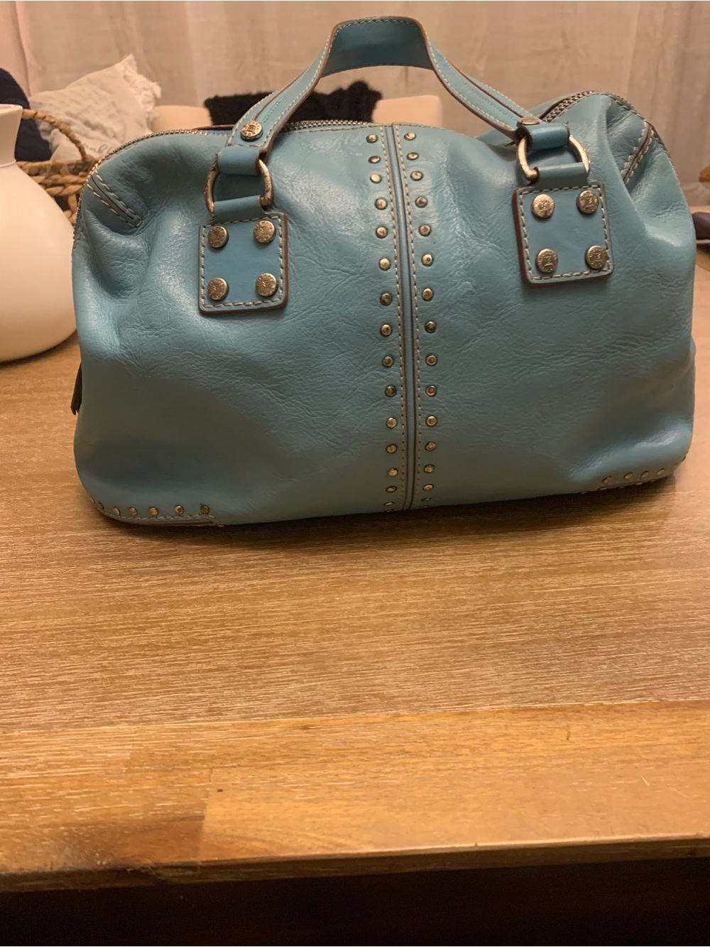 Michael Kors Sky Blue Studded Leather Shoulder Bag - Picture 2 of 16